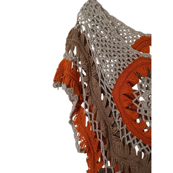 Vntg 90s Crochet Top Hairpin Lace Overlay Sweater Sz M Gray Orange Hippie Gypsy - Picture 2 of 15